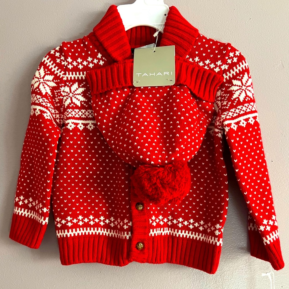 Tahari Fair Isle Holiday Christmas Buttoned Collared Sweater With Hat 12m NWT
